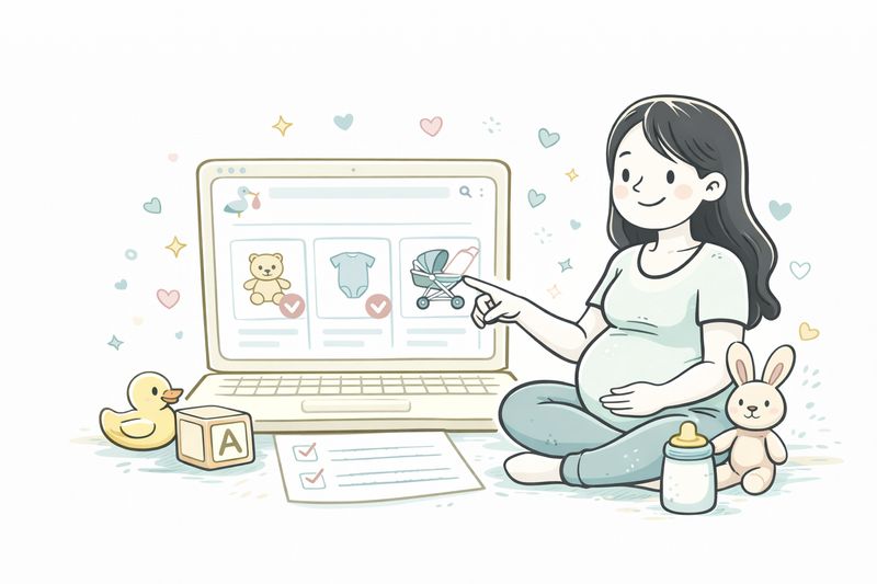 Madre organizando productos de bebé en la habitación