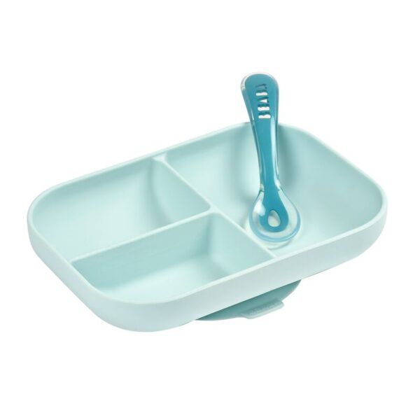Plato Dividido + 1 Cuchara Silicona 2 Edad Azul Beaba