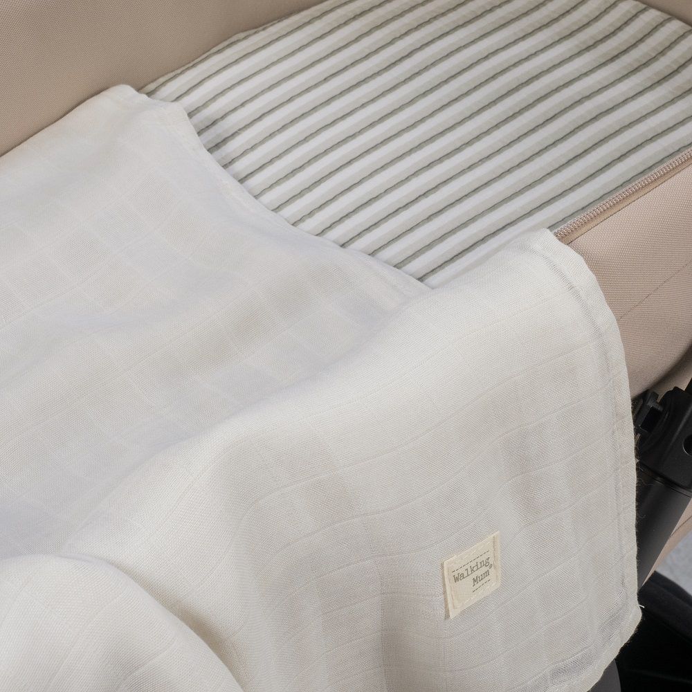 Sabana ajustable cuco + Muselina Botton Rayas Walking Mum