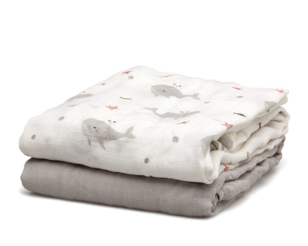 Set 2 Muselinas Bambú Ballena Gris Kiokids