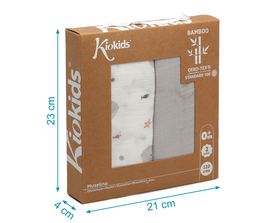 Set 2 Muselinas Bambú Ballena Gris Kiokids - Imagen 5