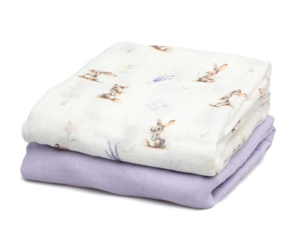 Set 2 Muselinas Bambú Conejitos Lavanda Kiokids