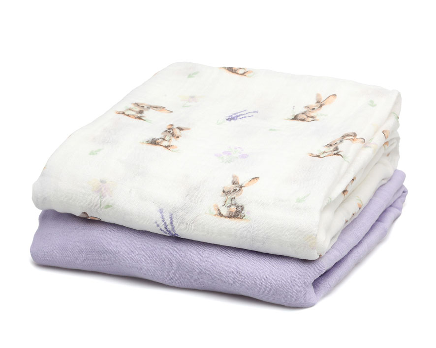 Set 2 Muselinas Bambú Conejitos Lavanda Kiokids
