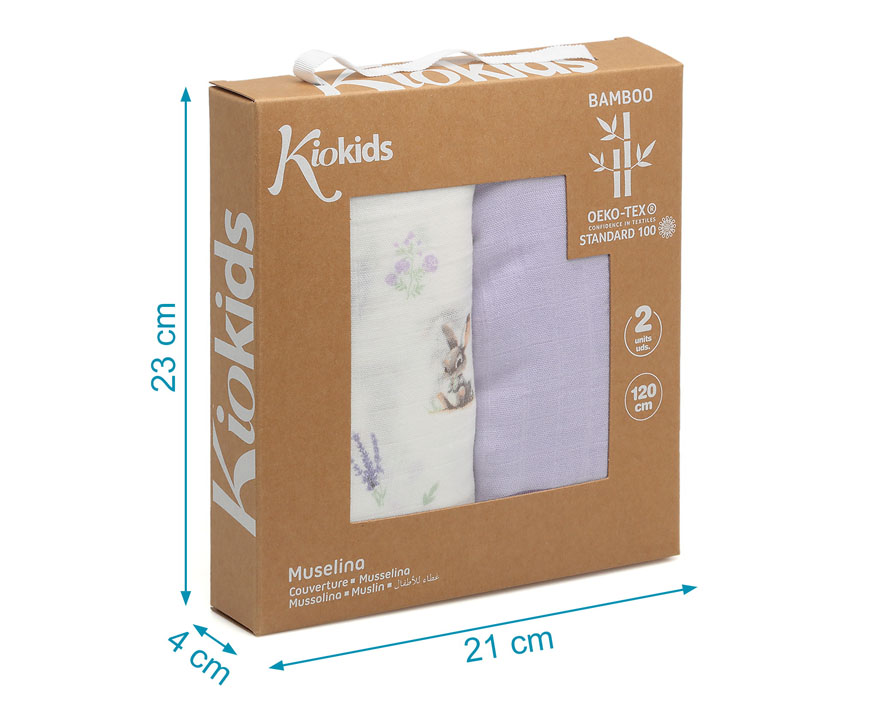 Set 2 Muselinas Bambú Conejitos Lavanda Kiokids - Imagen 5