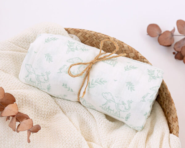 Muselina Bambú Estampado Animales Salvia Kiokids