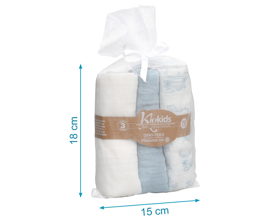 Set 3 Muselinas Bambú Azul Estampado Animales Kiokids - Imagen 5