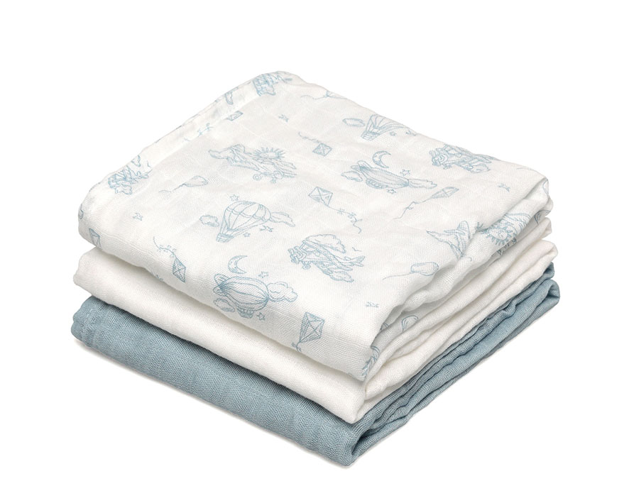 Set 3 Muselinas Bambú Azul Estampado Animales Kiokids