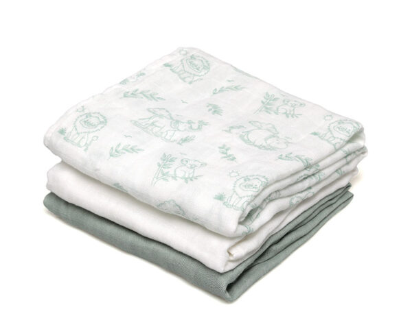 Set 3 Muselinas Bambú Salvia Estampado Animales Kiokids