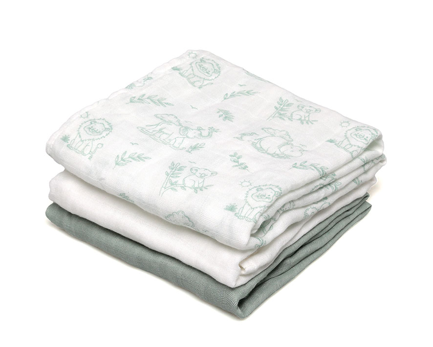 Set 3 Muselinas Bambú Salvia Estampado Animales Kiokids