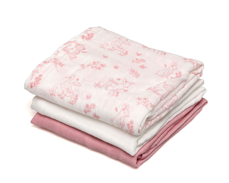 Set 3 Muselinas Bambú Rosa Estampado Animales Kiokids
