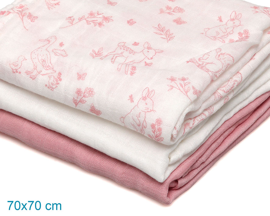 Set 3 Muselinas Bambú Rosa Estampado Animales Kiokids - Imagen 4