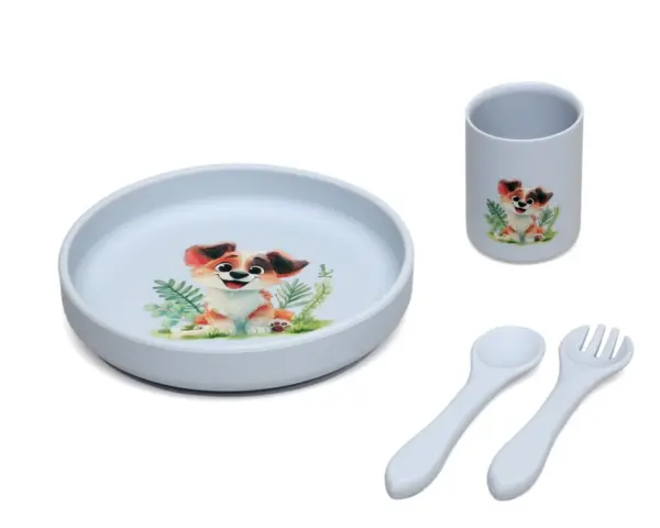 Set Vajilla Silicona Azul Perrito Kiokids