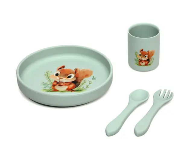 Set Vajilla Silicona Verde Sage Ardilla Kiokids